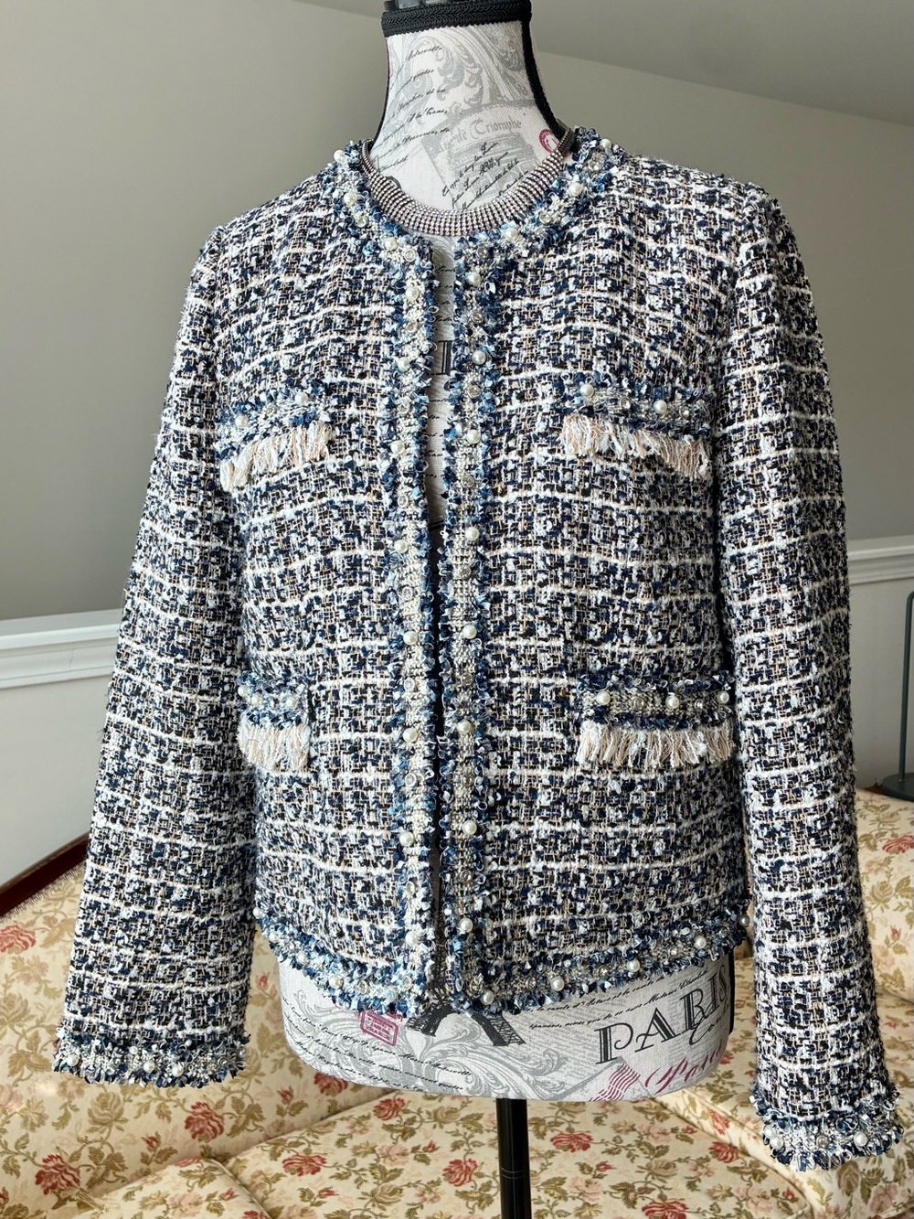 Stella + Lorenzo Navy & White Bouclé Tweed Jacket